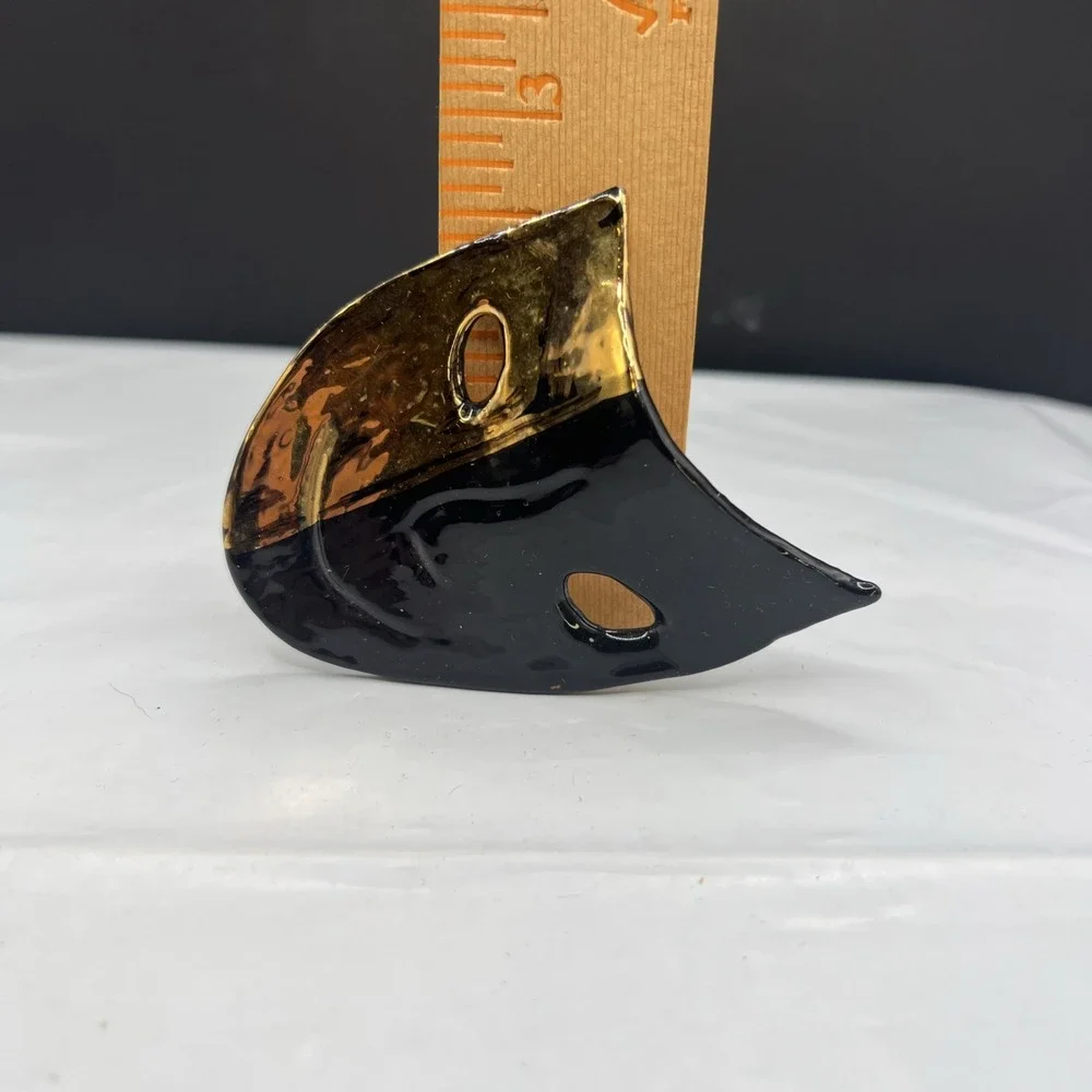 Vintage Melange Ceramic Mask Brooch Pin Hand Painted Black Gold Theater Art Wear